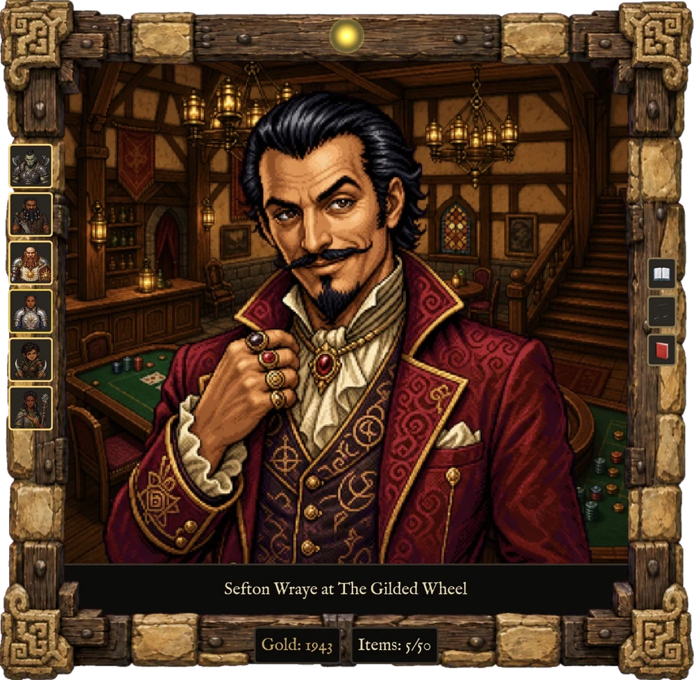 Sefton Wrave of The Gilded Wheel, in a framed portrait