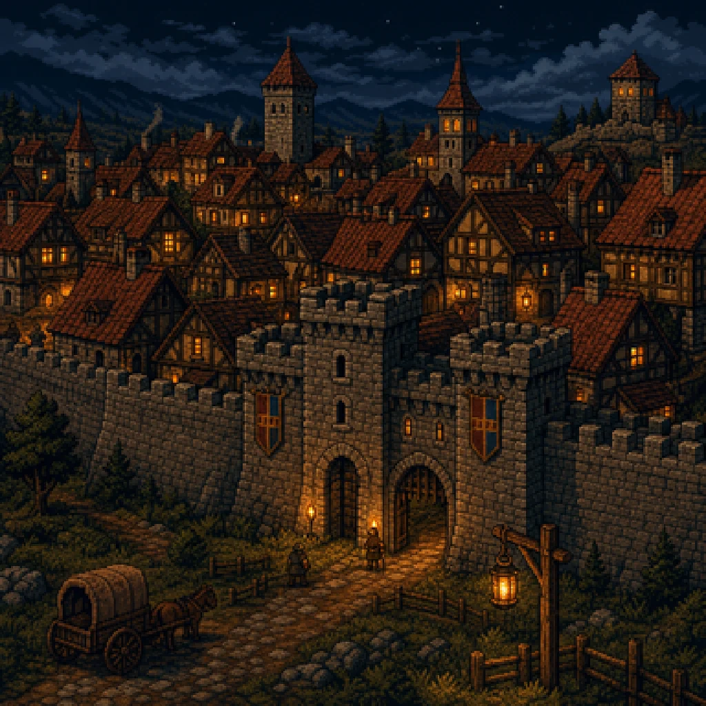 Somariel by night - a walled town, lantern-lit, the gate standing open